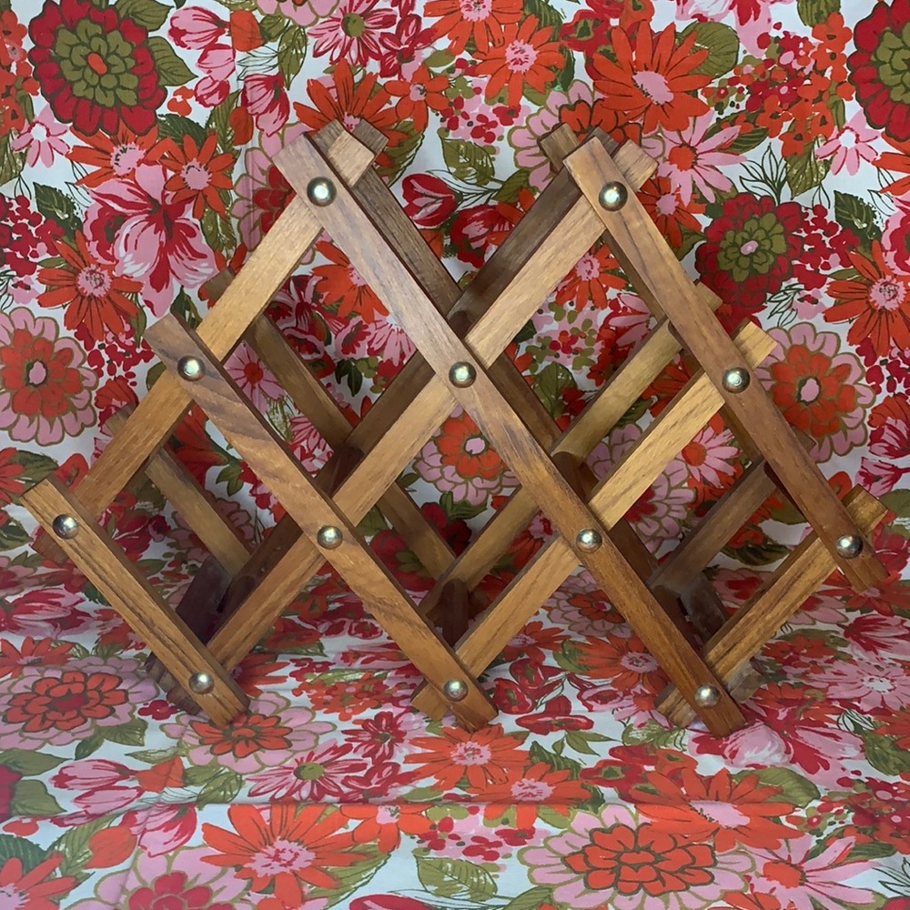 Vintage folding teakwood 6 bottle wine rack